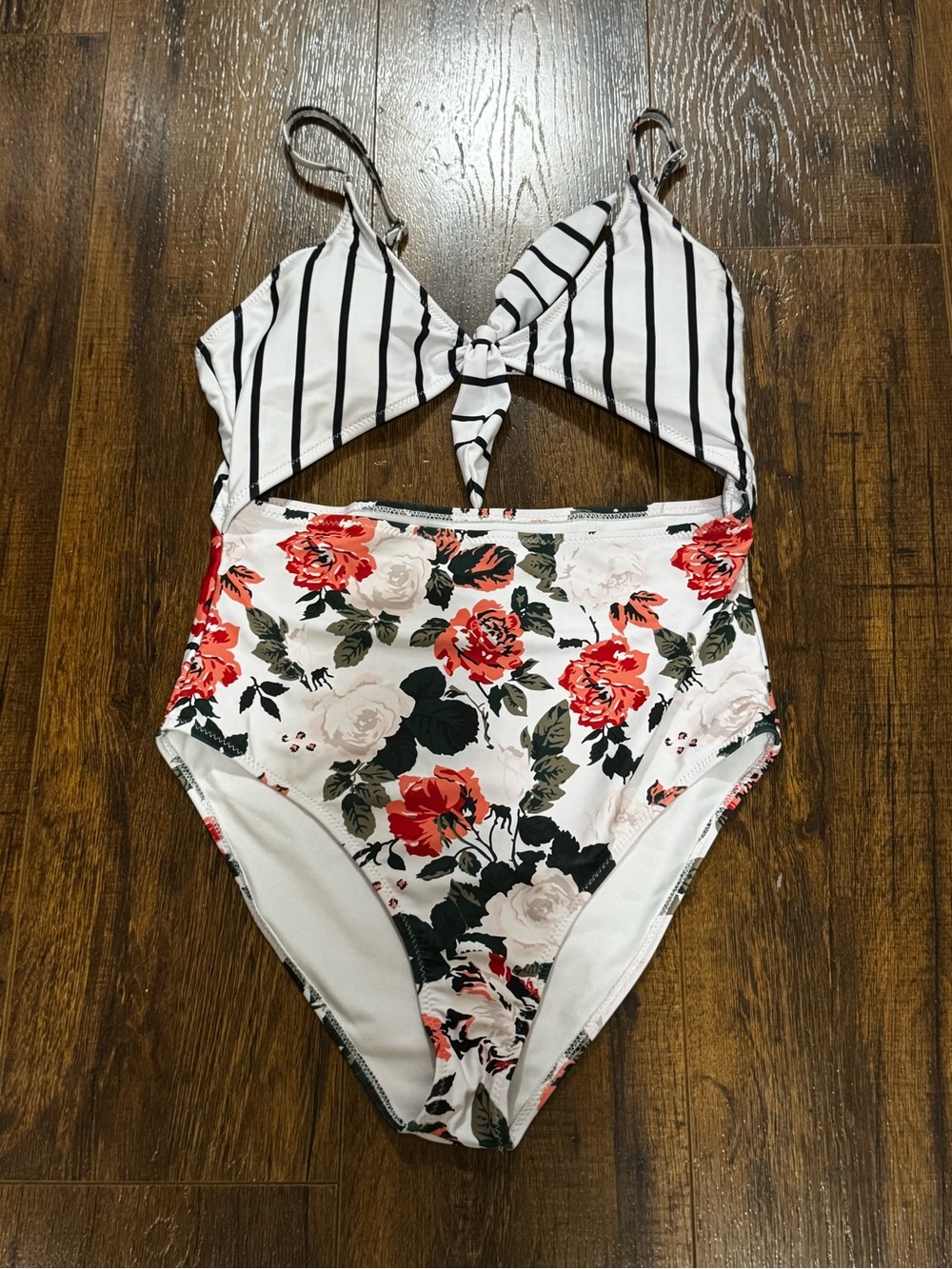 Women’s White Floral & Black-Striped One-Piece Swimsuit